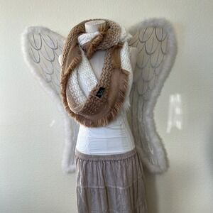 Cream Knit Infinity Scarf Beige Fringe Cozy Neutral Boho Chunky Cozy Oversized